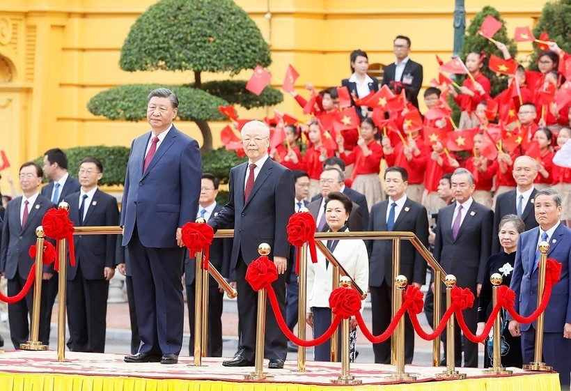 Tổng Bí thư Nguyễn Phú Trọng chủ trì Lễ đón cấp Nhà nước với Tổng Bí thư, Chủ tịch Trung Quốc Tập Cận Bình (Ảnh: TTXVN)