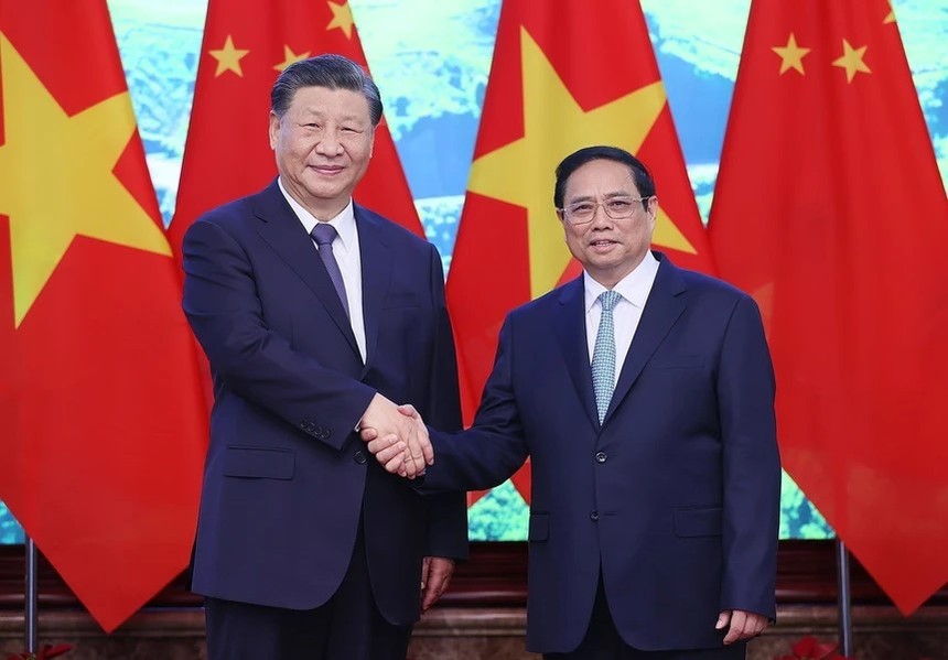Thủ tướng Chính phủ Phạm Minh Chính hội kiến Tổng Bí thư, Chủ tịch nước Trung Quốc Tập Cận Bình (Ảnh: TTXVN)