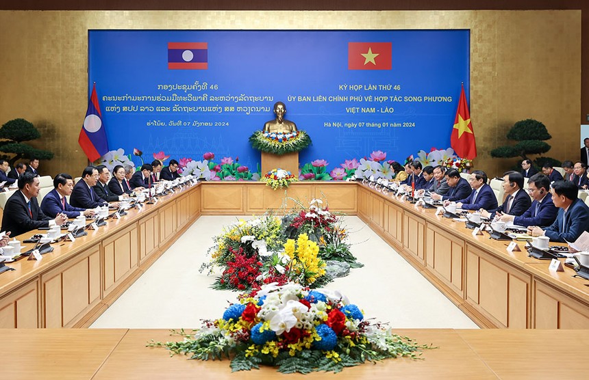 Thủ tướng Phạm Minh Chính và Thủ tướng Lào Sonexay Siphandone đồng chủ trì kỳ họp lần thứ 46 Ủy ban liên Chính phủ về hợp tác song phương Việt Nam - Lào. (Ảnh: Nhật Bắc/VGP)