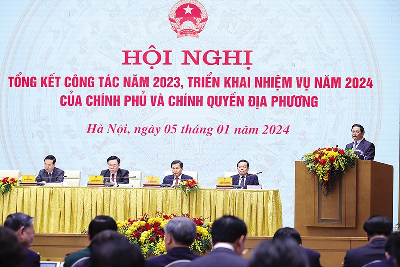 Thủ tướng Chính phủ Phạm Minh Chính phát biểu chỉ đạo tại Hội nghị Tổng kết công tác năm 2023, triển khai nhiệm vụ năm 2024 của Chính phủ và chính quyền địa phương
