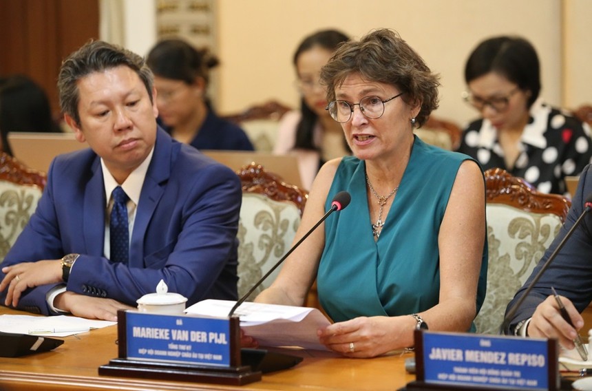 Bà Marieke Van Der Pijl, Tổng thư ký Hiệp hội Doanh nghiệp châu Âu tại Việt Nam (EuroCham) phát biểu tại buổi gặp gỡ. Ảnh: Ngô Tùng