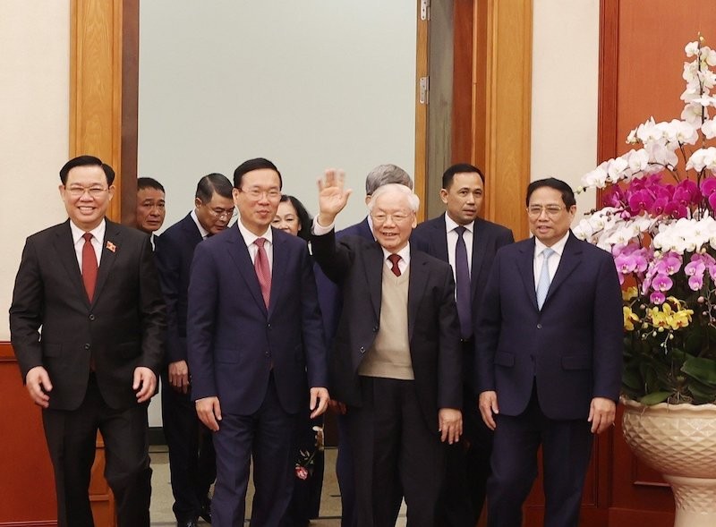 Tổng Bí thư Nguyễn Phú Trọng gặp mặt, chúc Tết các vị lãnh đạo, nguyên lãnh đạo Đảng, Nhà nước - Ảnh TTXVN.