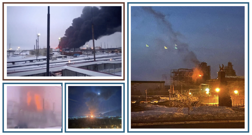 Hình ảnh một số cơ sở lọc dầu của Liên bang Nga bốc cháy sau khi bị máy bay không người lái của Ukraine tấn công.
