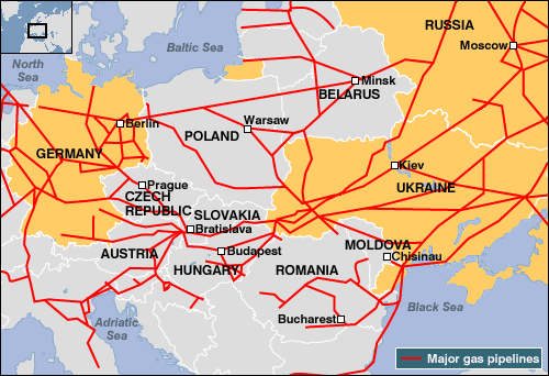 Bản đồ các đường ống khí chính từ Nga sang Đông Âu