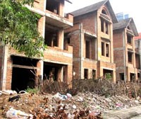 Gần chục biệt thự nằm trên phố Hoài Thanh, gần trường Phan Chu Trinh (cũng thuộc khu đô thị Mỹ Đình) vẫn trong tình trạng ngập cỏ và rác rưởi