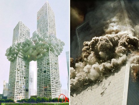 Hình ảnh so sánh giữa tòa tháp "Đám mây" của Hàn Quốc và cảnh tòa tháp đôi WTC New York bốc cháy. Ảnh: inhabitat
